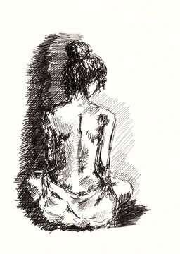 Hand drawing: lonely fragile calm girl sitting with her back. The sketch is made by a liner