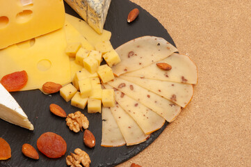 Different types of cheese on a black graphite board with dried apricots, walnuts. Top view
