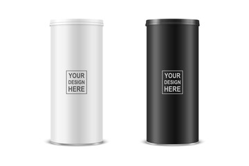 Vector 3d Realistic Blank Glossy White, Black Metal Tin Can, Canned Food, Potato Chips Packaging With Lid Set Isolated On White Background. Design Template, Mockup. Front View