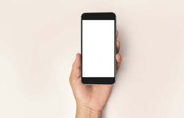 Hand holding smartphone device touching screen