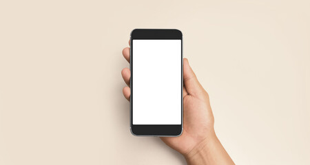 Hand holding smartphone device touching screen