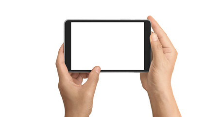 Hands holding tablet touch computer gadget