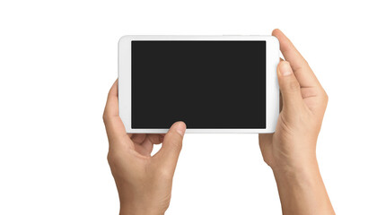 Hands holding tablet touch computer gadget
