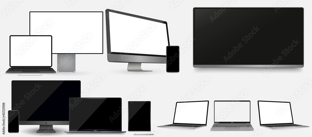 Poster set mock-up of realistic devices. smartphone, tablet, laptop, tv. 3d vector illustration vector coll