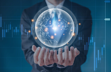 Businessman holding a world of digital technology in the palm of his hand with a network and exchange of information through the 3D rendering of the world.