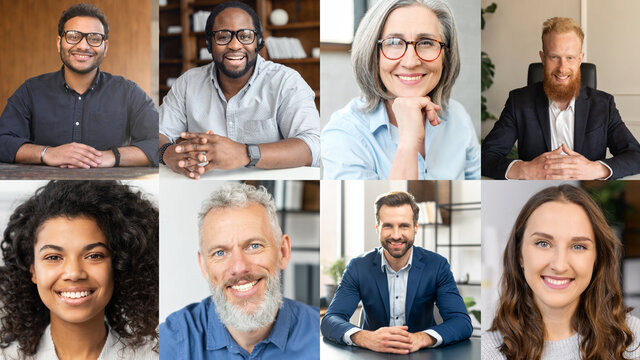 Morning meeting online. App for video connection for corporate coworkers, online platform for virtual conference, webinars, online briefing. A lot of diverse people office colleagues on the screen