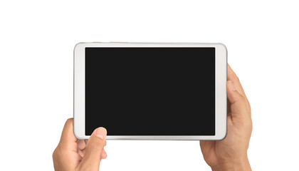 Hands holding tablet touch computer gadget