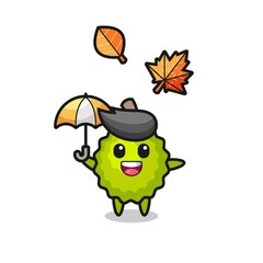 cartoon of the cute durian holding an umbrella in autumn