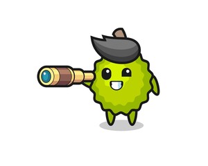Naklejka premium cute durian character is holding an old telescope