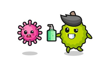 illustration of durian character chasing evil virus with hand sanitizer