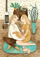 A couple holding a baby in their cozy home