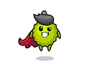 the cute durian character as a flying superhero