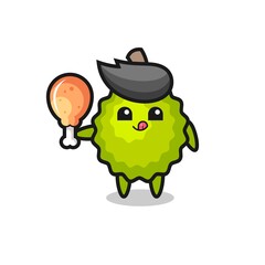 durian cute mascot is eating a fried chicken