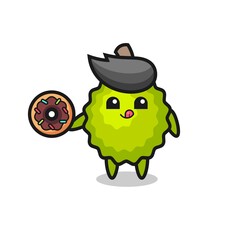 illustration of an durian character eating a doughnut