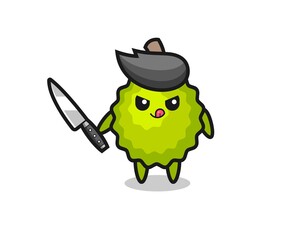 cute durian mascot as a psychopath holding a knife