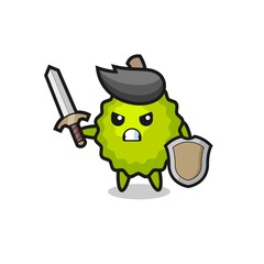 cute durian soldier fighting with sword and shield