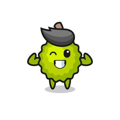 the muscular durian character is posing showing his muscles
