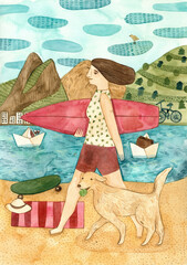 A girl walking in a beach with a surf board and a dog