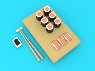 3D Illustration Sushi Japanese Food. 3D rendering Top view.
