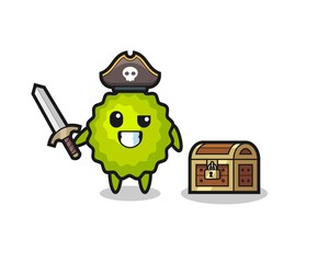 the durian pirate character holding sword beside a treasure box