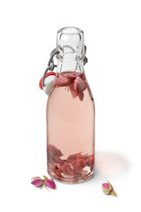 Aromatic rose bud water in a glass bottle isolated on white background 