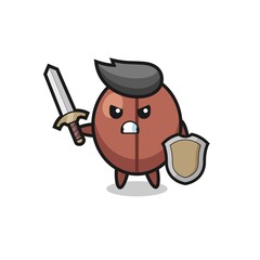 cute coffee bean soldier fighting with sword and shield