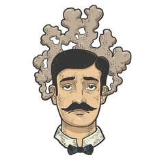 Man with a steaming head color line art sketch engraving vector illustration. Solve task brainstorm metaphor. T-shirt apparel print design. Scratch board imitation. Black and white hand drawn image.