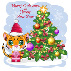 Cartoon tiger in a hat and scarf with a gift near the Christmas tree. Winter time. Children's style, sweetheart. Happy New Year 2022 and Merry Christmas.