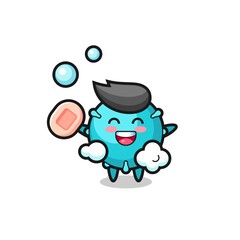 virus character is bathing while holding soap