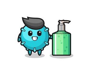 cute virus cartoon with hand sanitizer