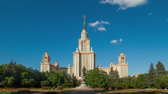 Moscow State University main building and Lomonosov monument. Iconic building and sightseeing in Moscow, Russia. 4K Time lapse