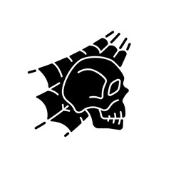 Skull with spider web black glyph icon. Horror story. Halloween decoration. Solving puzzle, clues for riddle. Part of quest. Escape room. Silhouette symbol on white space. Vector isolated illustration