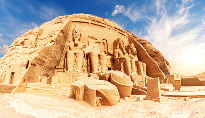 Abu Simbel panorama, view of the Great Temple of Ramesses II, Nubia, Egypt