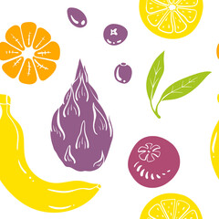 Seamless pattern with banana, dragon fruit, orange, maracuya, berries. Colorful paper cut collection of fruits and berries isolated on white background. Doodle hand drawn fruits. Vector illustration