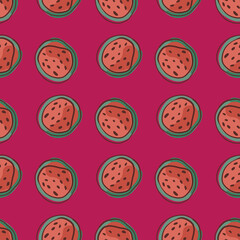 Fresh food seamless pattern with red watermelon half elements print. Bright pink background.