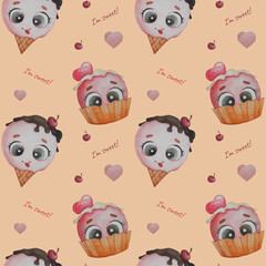 Seamless pattern. Funny cute ice cream with eyes in a waffle cup on a beige background. Watercolor. Hand drawing for wallpaper, decor, printing, packaging, textiles and decor