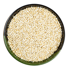 top view of quinoa grains in round bowl isolated