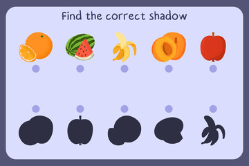 Matching children educational game with food - orange, banana, apricot, apple, watermelon. Find the correct shadow. Vector illustration.