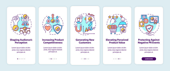 Strong brand benefits onboarding mobile app page screen with concepts. Shaping audience perception walkthrough 5 steps graphic instructions. UI, UX, GUI vector template with linear color illustrations