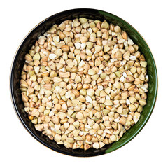 raw green buckwheat in round bowl isolated