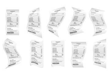 Obraz premium Vector realistic 3d paper store sales receipts printed close up isolated on white background. Banknote design template, receipt, paper financial check for mockup. View from above