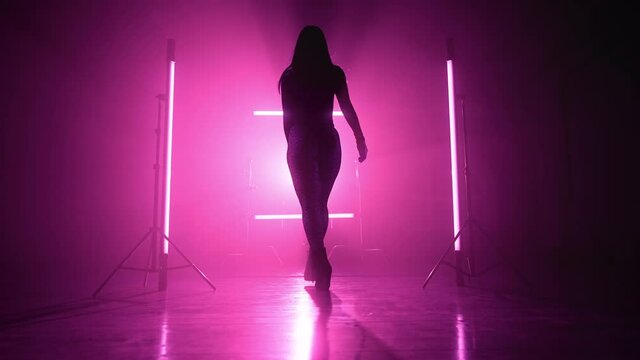 Beautiful dancer woman walking through smoke between long pink lamps forward from camera. Sexy outfit - heels, bodysuit and leopard pantyhose. Slow motion