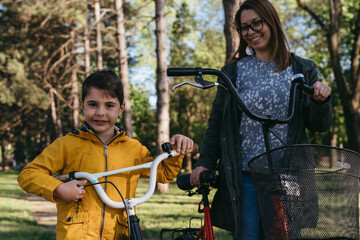 mother and son in public park