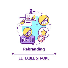 Rebranding concept icon. Brand change type abstract idea thin line illustration. Logo redesigning. Brand revitalization. Business renaming. Vector isolated outline color drawing. Editable stroke