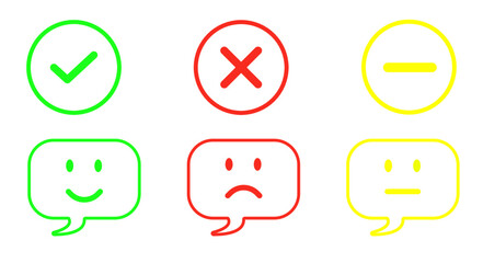 balloon with smiley face, speech bubble with emoticon face icon with tick signs for web, app, software use - satisfaction, customer service, concept