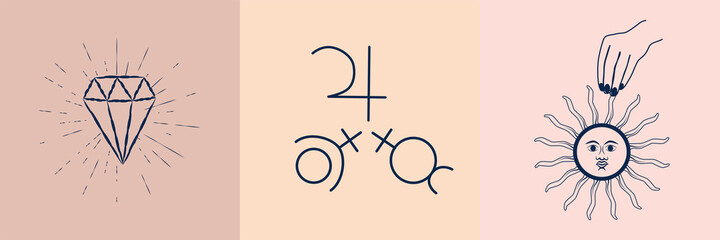 Set of mystical symbols for spiritual practices. Magical hands keep crescent, crystal, branch against background of stars