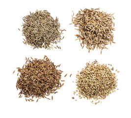 top view of various cumin like seeds on white