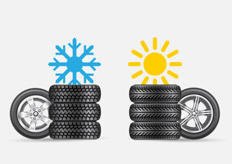 summer winter tires set - obrazy, fototapety, plakaty