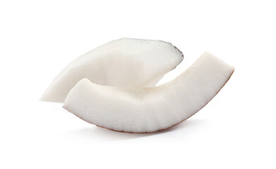 Pieces of ripe coconut on white background