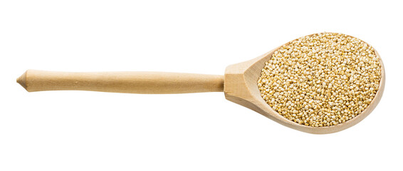 wooden spoon with uncooked quinoa grains isolated